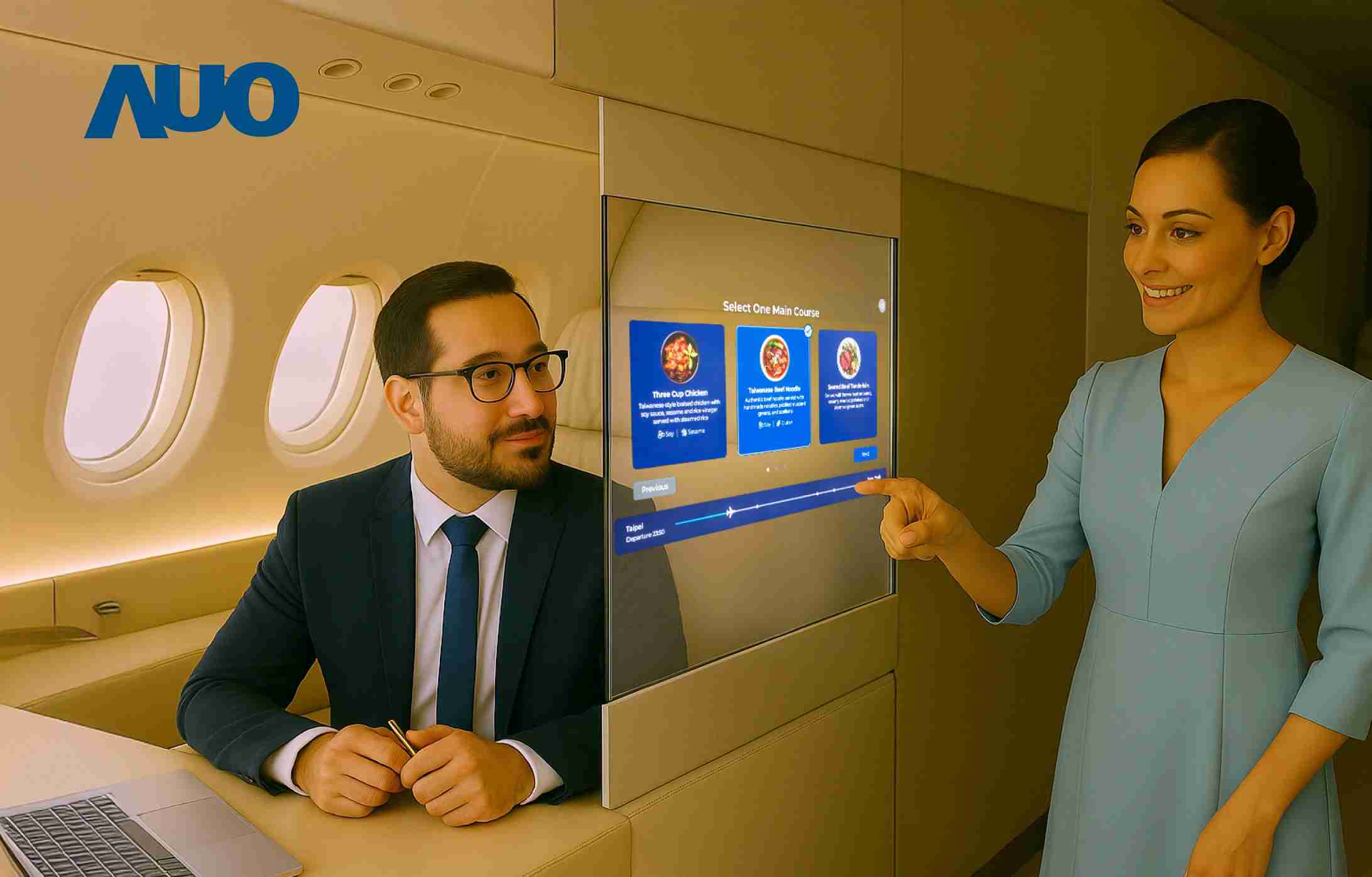 壹号平台研发全球最薄17.3 吋双面透明 Micro LED 显示器，，，可在同一屏幕之双边投射不同信息，，，，创造独特的”透明化”互动；图为实时翻译交流应用情境